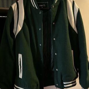 Rue21 Dark Green varsity Jacket with White Stripes